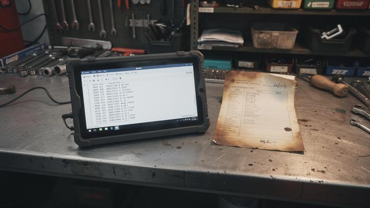 Diagnostic tablet showing fault codes next to a printed job card on a workbench in a repair bay